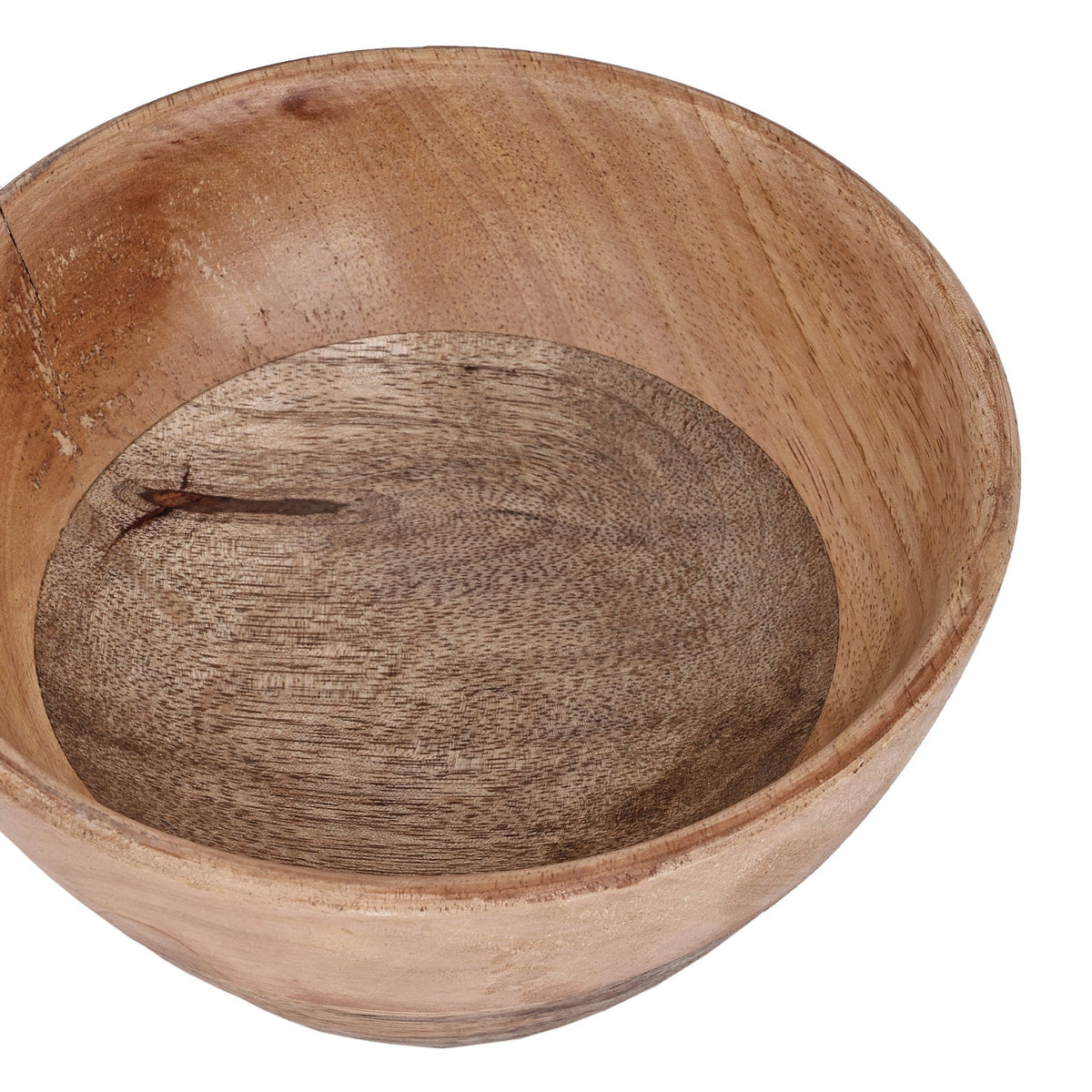 Forleyet decorative bowl in mango wood, round shape with tapered base, showing a natural two-tone grain finish inside and out, photographed on a plain white background.