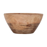 Forleyet decorative bowl in mango wood, round tapered shape with a pale upper band and darker brown base and interior, natural wood grain finish, on a plain white background.