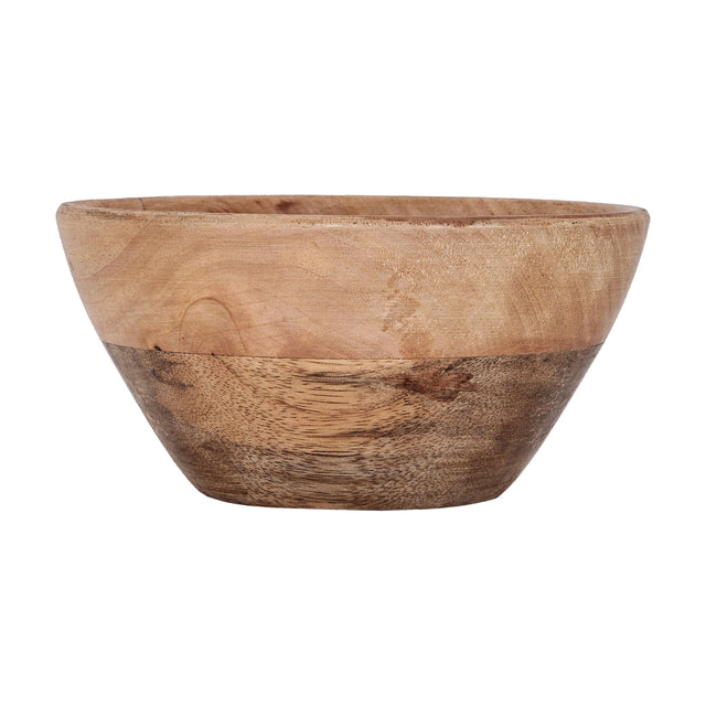 Forleyet decorative bowl in mango wood, round tapered shape with a pale upper band and darker brown base and interior, natural wood grain finish, on a plain white background.