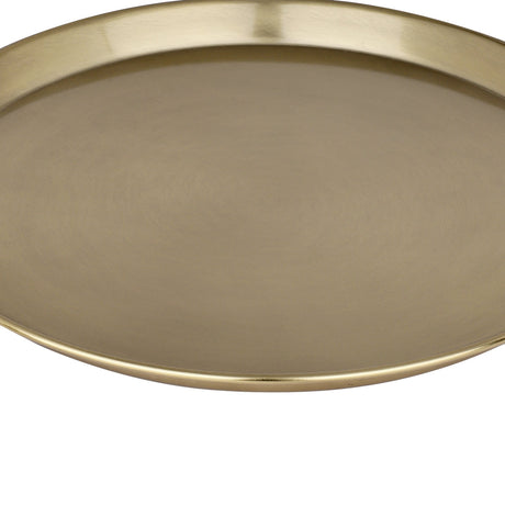 Forleyet Metal Decorative Bowl 33cm in Gold, a shallow round tray-like bowl with a brushed brass finish and curved rim, shown close-up on a plain white background.