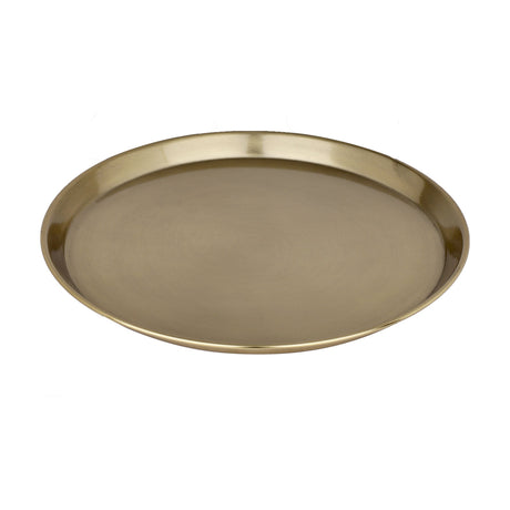 Forleyet Metal Decorative Bowl 33cm in Gold, a shallow round tray-like bowl with a raised curved rim and brushed metal finish, shown on a plain white background.