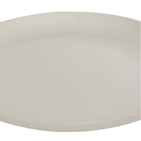 Forleyet Plate 34.2cm in cream aluminium, close-up of the round shallow dish with low curved rim and softly textured matte surface on a white background.