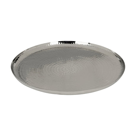Forleyet Plate 35cm in nickel, a round shallow metal plate with hammered, dimpled texture and a polished rim, shown on a plain white background.