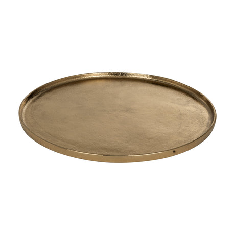 Forleyet Plate in gold-finish aluminium, a round shallow tray with a low rim and softly textured surface, shown on a plain white background.