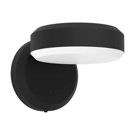 Fornaci LED Outdoor Wall Light in black, round steel wall plate with an offset disc-shaped head and white plastic diffuser, shown on a plain white background.