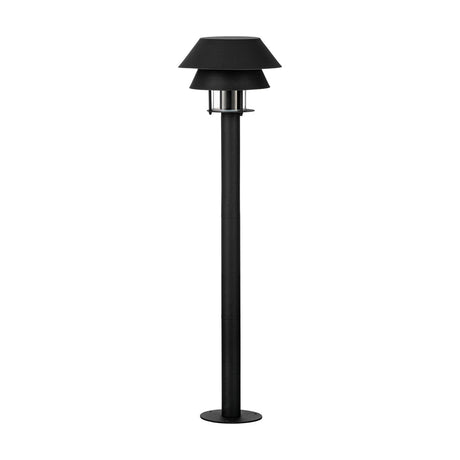 Fornena Bollard Light in black, a tall steel post with two-tier conical shade and glass diffuser for an E27 bulb, set on a round base plate against a white background.
