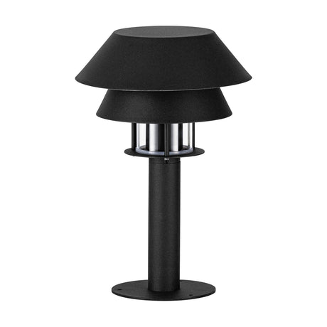 Fornena outdoor post light in black steel with two stacked conical shades, a clear glass diffuser, slim round post and flat base plate, shown on a white background.