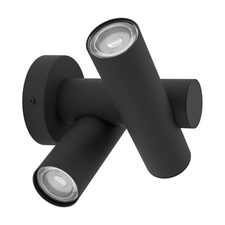 Fossignano LED Outdoor Wall Light in textured black aluminium, with a round wall plate and two crossed cylindrical spot heads featuring clear lenses, shown on a plain white background.