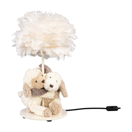 Foz Globe Table Lamp in white, featuring a round feathered shade on a slim stem, with plush sheep and dog figures hugging on a round white base, shown on a plain background.