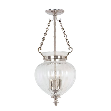 The Finsbury Park 3 Light Medium Chandelier in polished nickel showcases a clear glass dome, elegantly suspended by chains, and contains multiple light bulbs to provide an elegant and classic appearance.