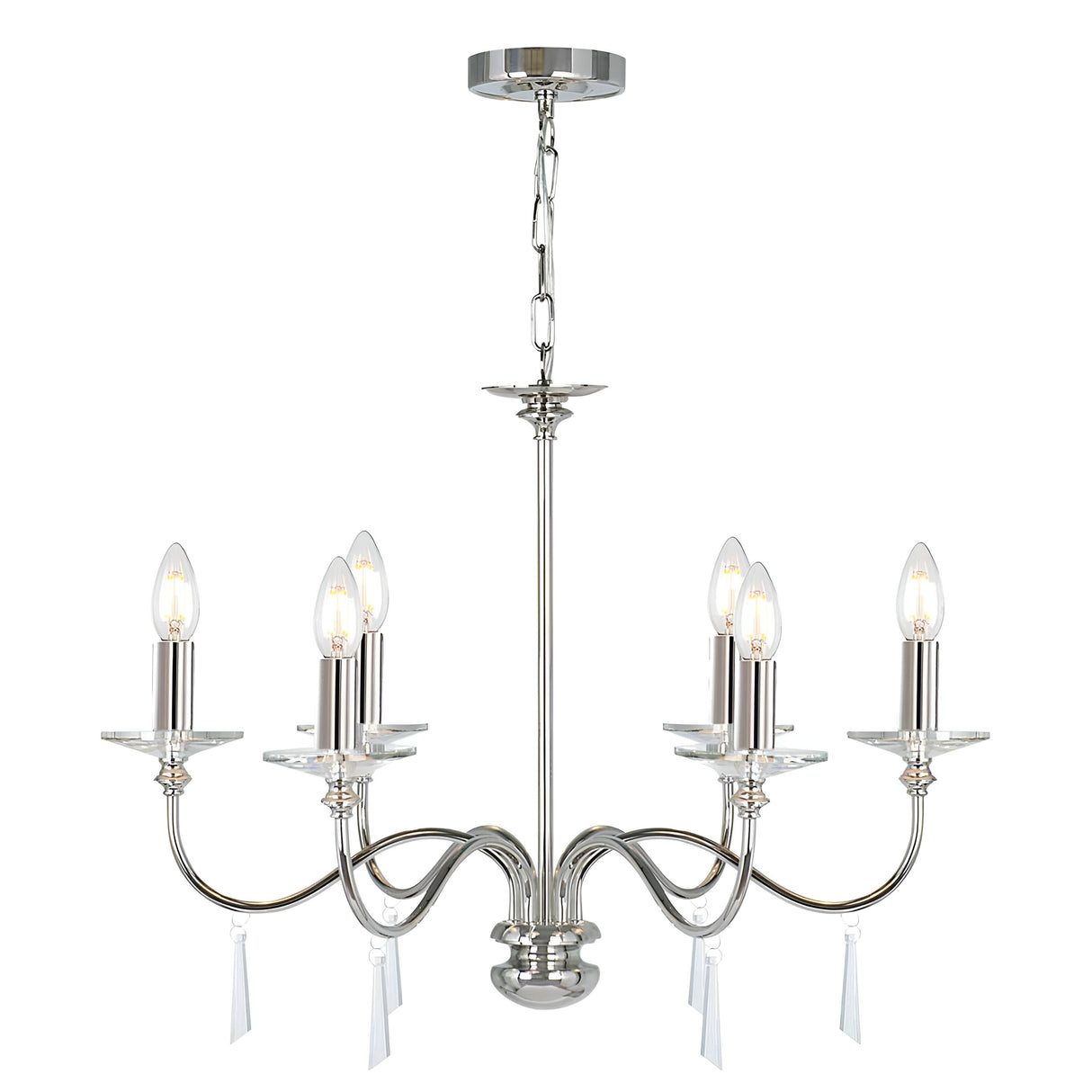 The Finsbury Park 6 Light Chandelier - Polished Nickel is a sleek, modern fixture crafted with a polished nickel finish and six candle-style light bulbs. It boasts elegantly curved arms adorned with hand-cut glass accents, all gracefully suspended from a chain.