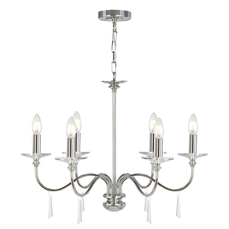 The Finsbury Park 6 Light Chandelier - Polished Nickel is a sleek, modern fixture crafted with a polished nickel finish and six candle-style light bulbs. It boasts elegantly curved arms adorned with hand-cut glass accents, all gracefully suspended from a chain.