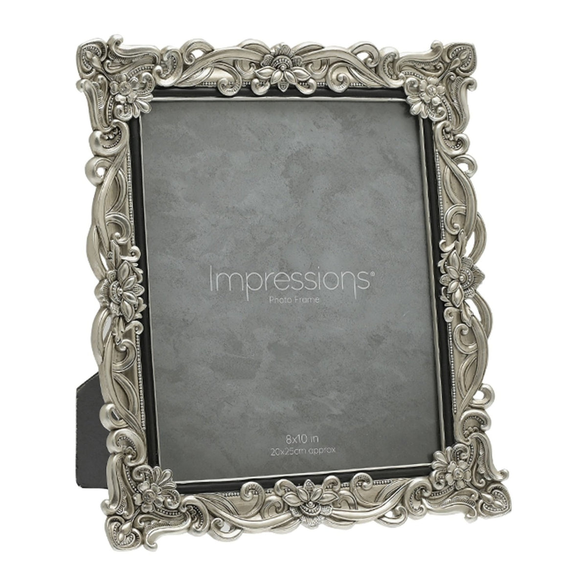 Antique-style rectangular photo frame in silver resin with raised floral scrollwork and crystal accents at the corners, a slim black inner edge, and a grey insert, shown on a white background.