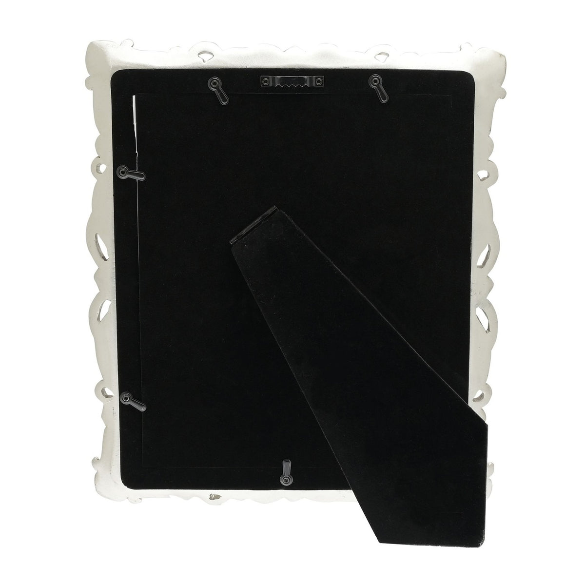 Back view of the Antique Floral Resin Photo Frame 10 x 8in in silver, showing the black backing board, fold-out stand, and hanging hooks against a white background.