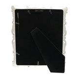 Back view of the Antique Floral Resin Photo Frame 10 x 8in in silver, showing the black backing board, fold-out stand, and hanging hooks against a white background.
