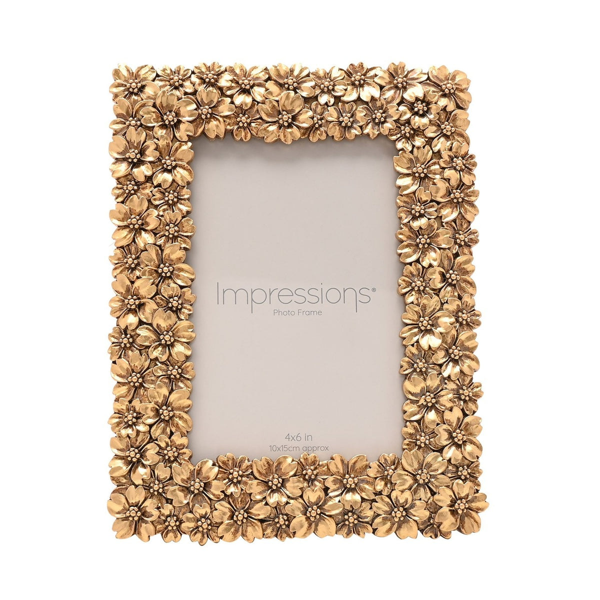 Rectangular resin photo frame with a raised gold floral border of overlapping blossoms, shown upright with sample insert on a white background.