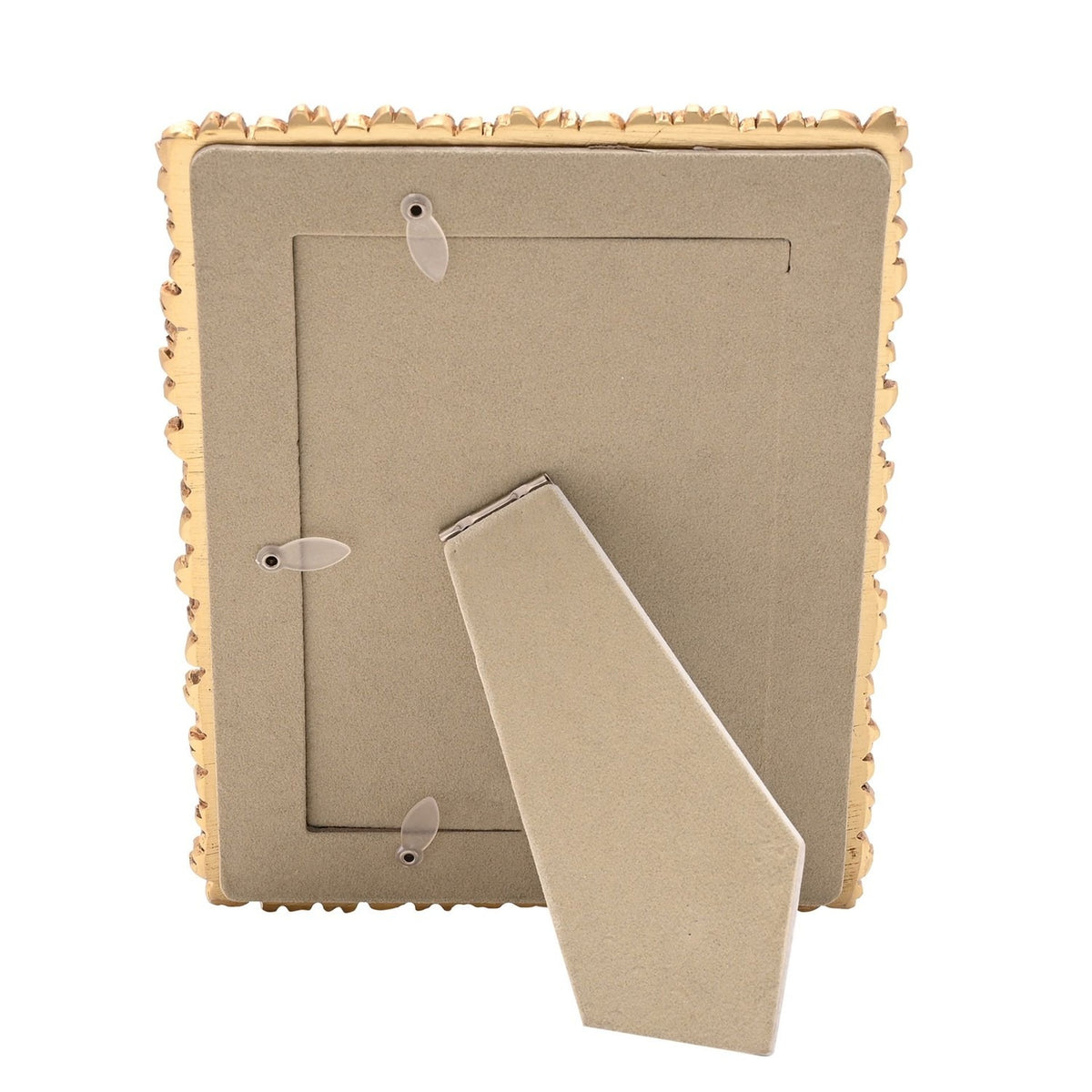 Back view of the Flowers Design Resin Photo Frame in gold, showing the fold-out easel stand and fabric-lined backing with photo insert slot, on a plain white background.