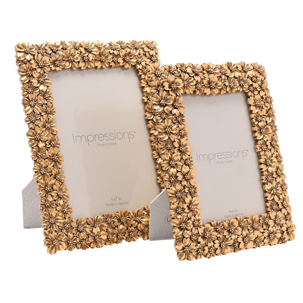 Two gold resin photo frames with raised floral borders in 5x7 in and 4x6 in sizes, each with an easel back, shown on a plain white background.