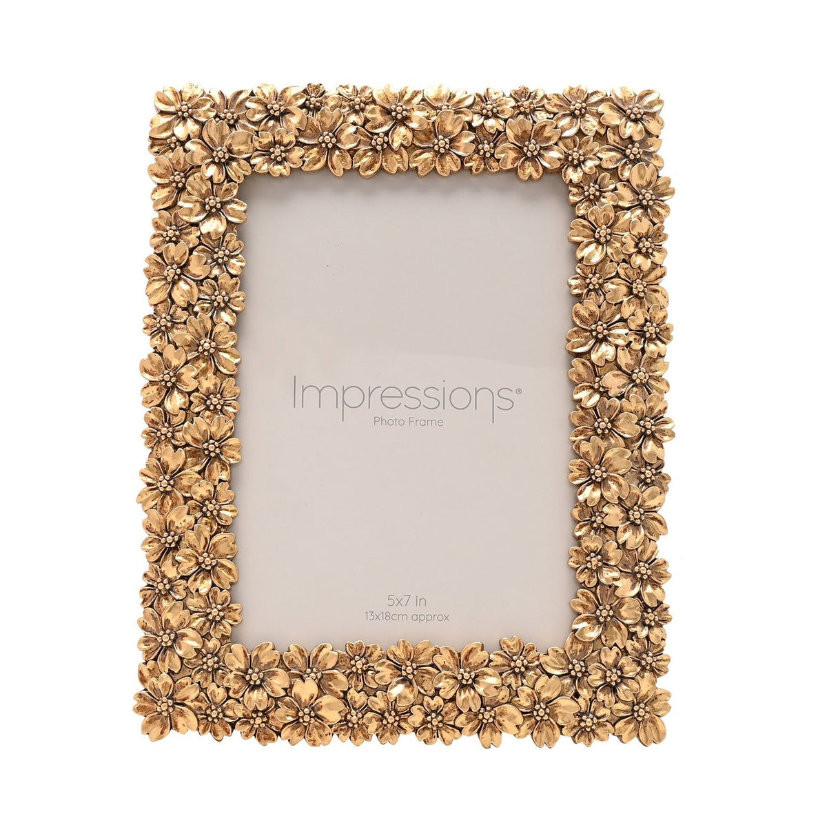 Rectangular resin photo frame with a raised floral border in gold finish, overlapping blossom details, shown on a plain white background with a 5x7 in insert.