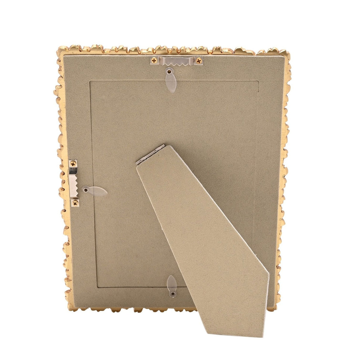 Back view of the Flowers Design Resin Photo Frame in gold, showing the fold-out easel stand, rectangular opening, and screw fittings on a plain white background.