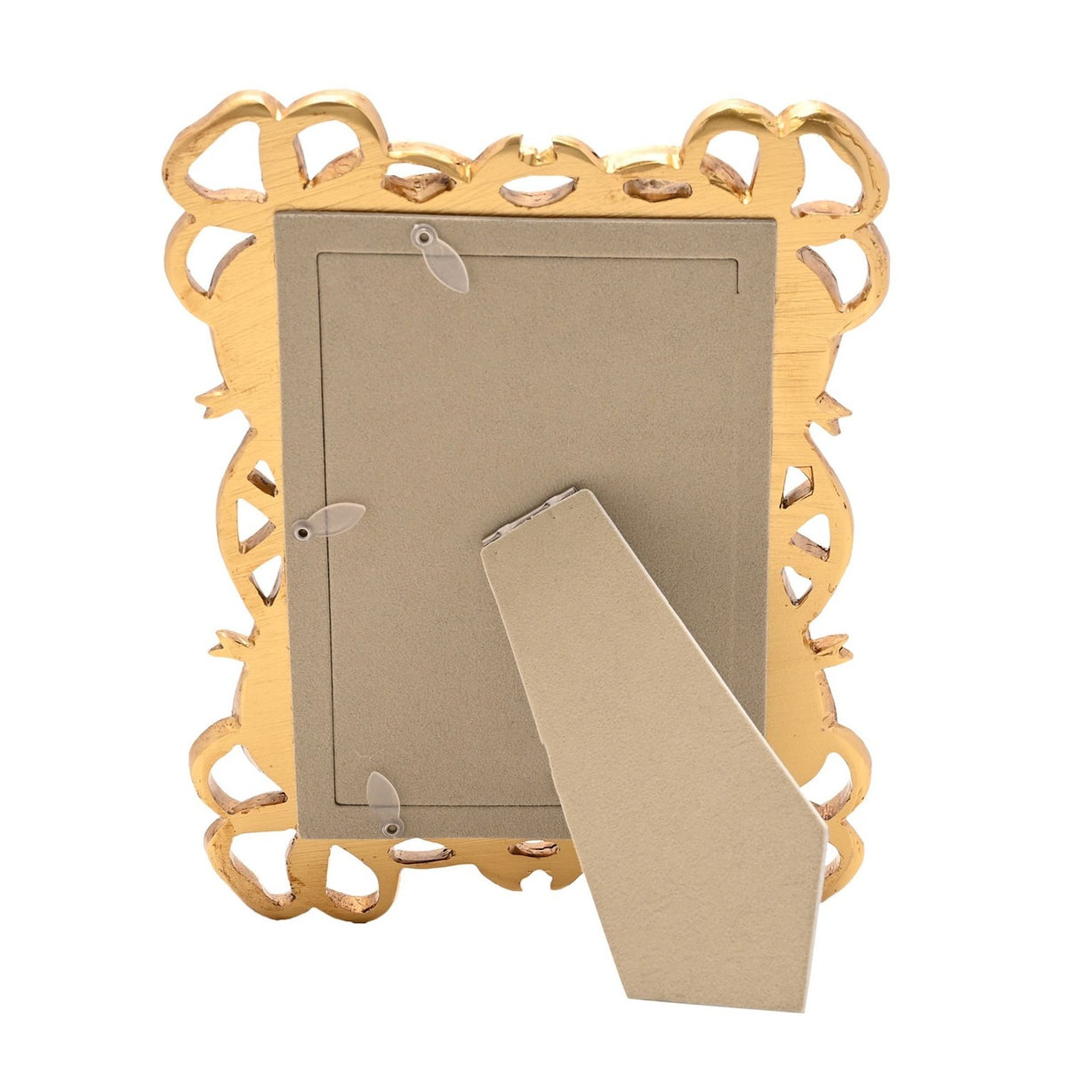 Back view of the Bowknot Design gold resin photo frame, showing a beige cardboard backing with a fold-out easel stand, set against a plain white background.