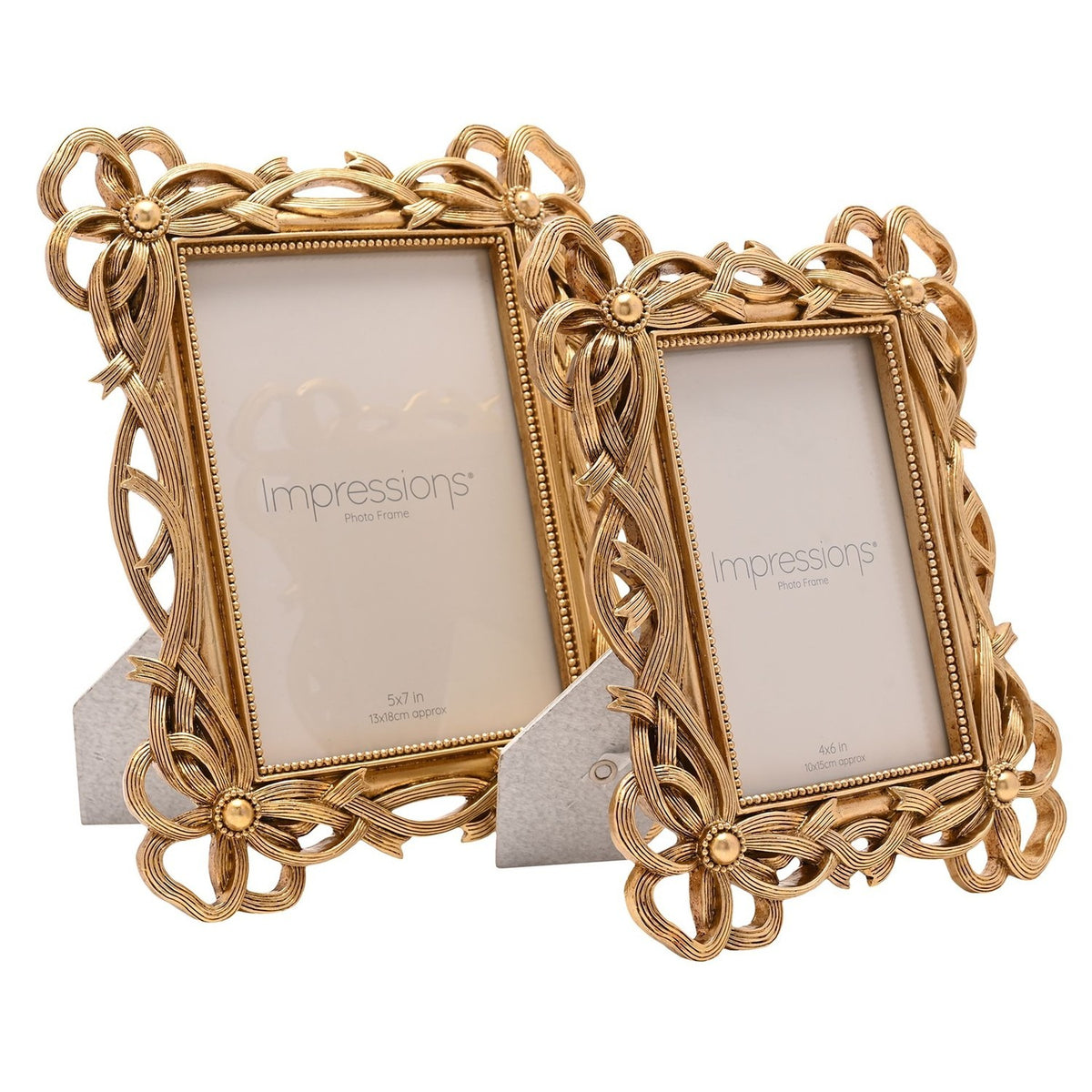 Two gold resin photo frames with bowknot corner details and openwork ribbon borders, 5x7 and 4x6 sizes, shown with easel backs on a white background.