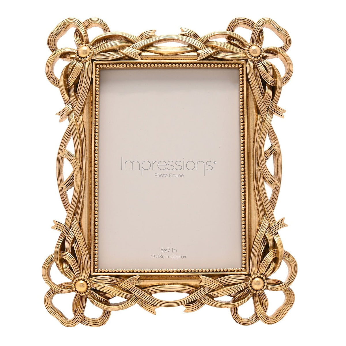 Gold resin photo frame with openwork bowknot corners, beaded border, and easel back, holding a 5x7in photo, shown on a white background.