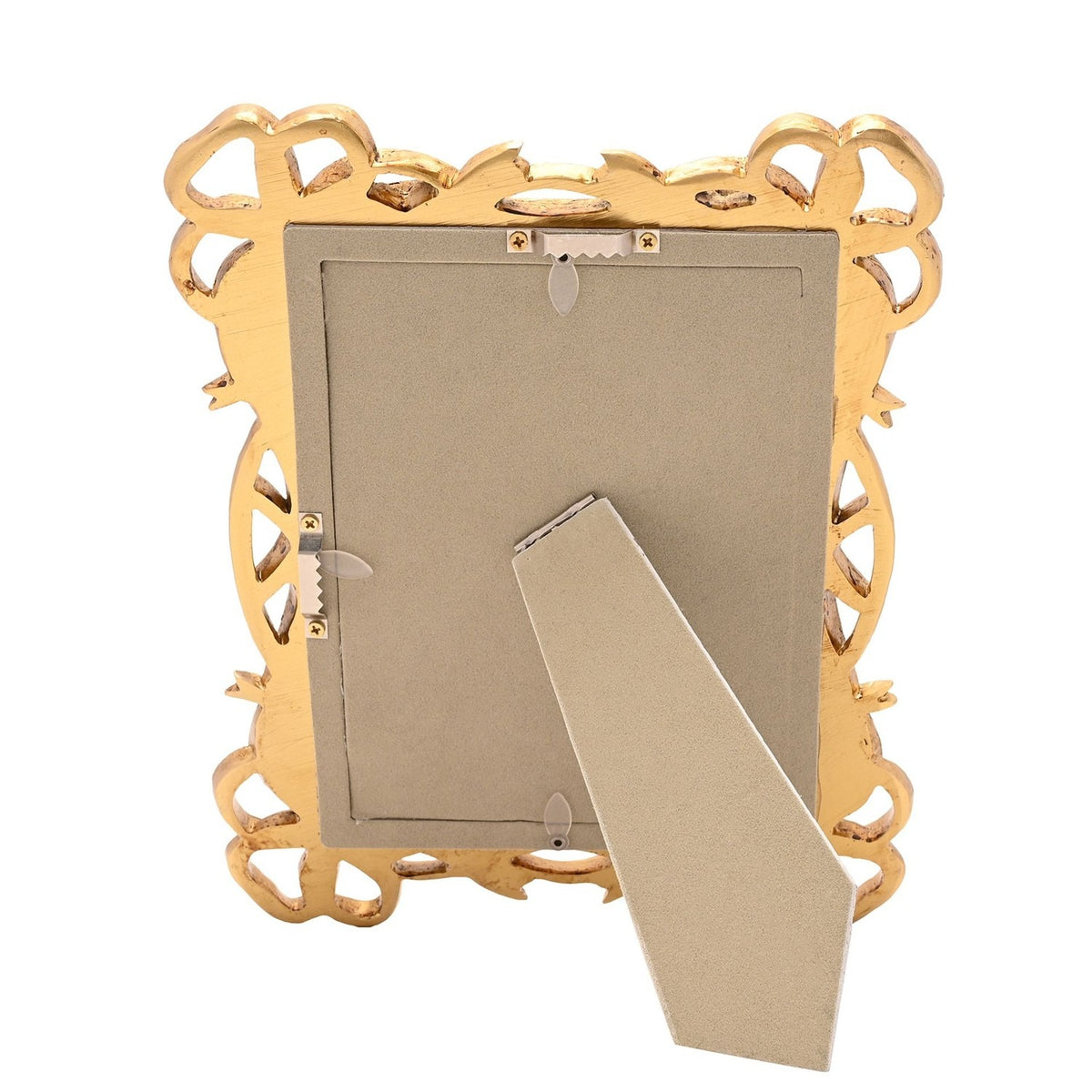 Back view of the gold resin Bowknot Design photo frame showing the fold-out easel stand and hanging hooks, set against a plain white background.