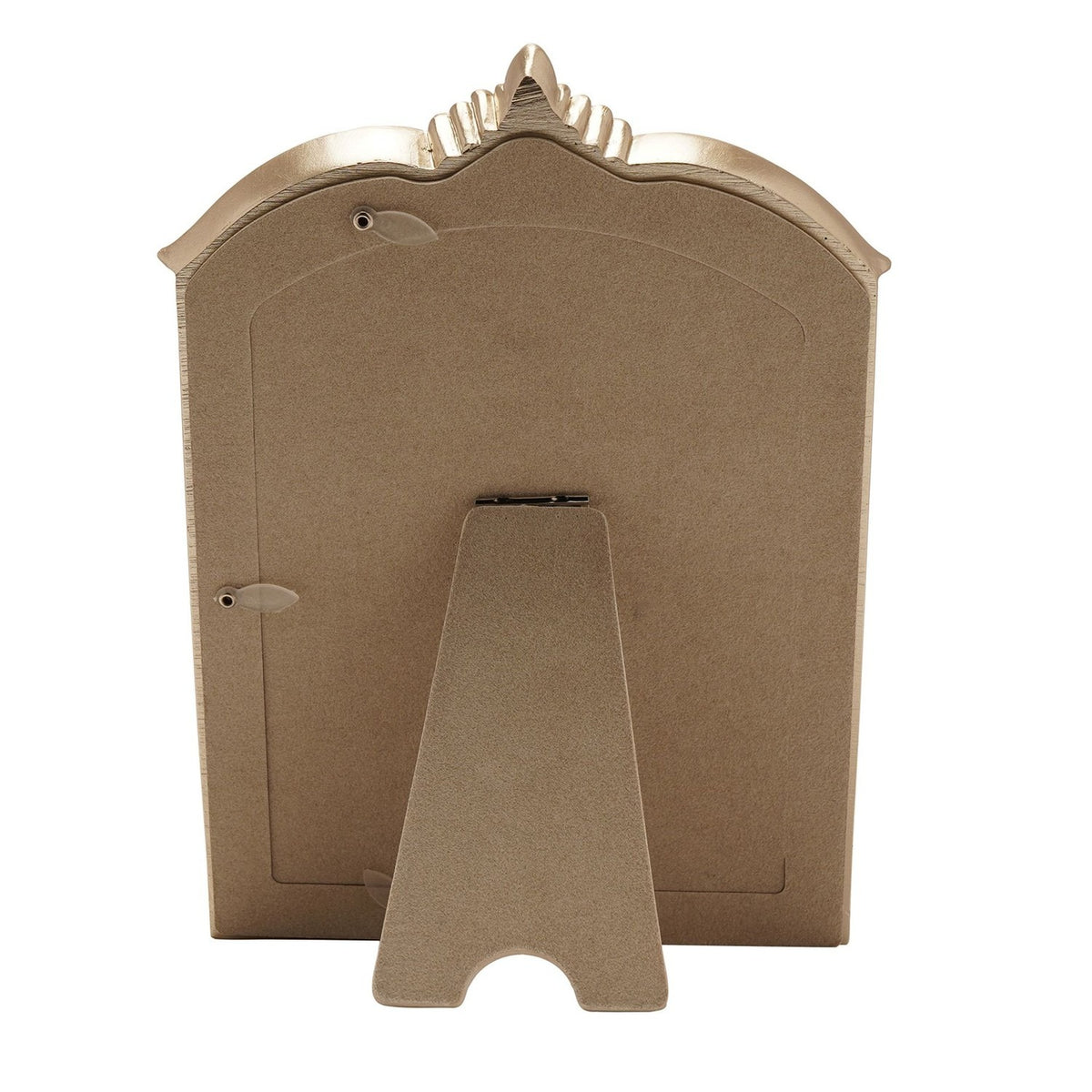 Back view of the Winged Arch Resin Photo Frame in champagne, showing the kraft-brown cardboard backing, hinged clasp, and fold-out easel stand against a white background.