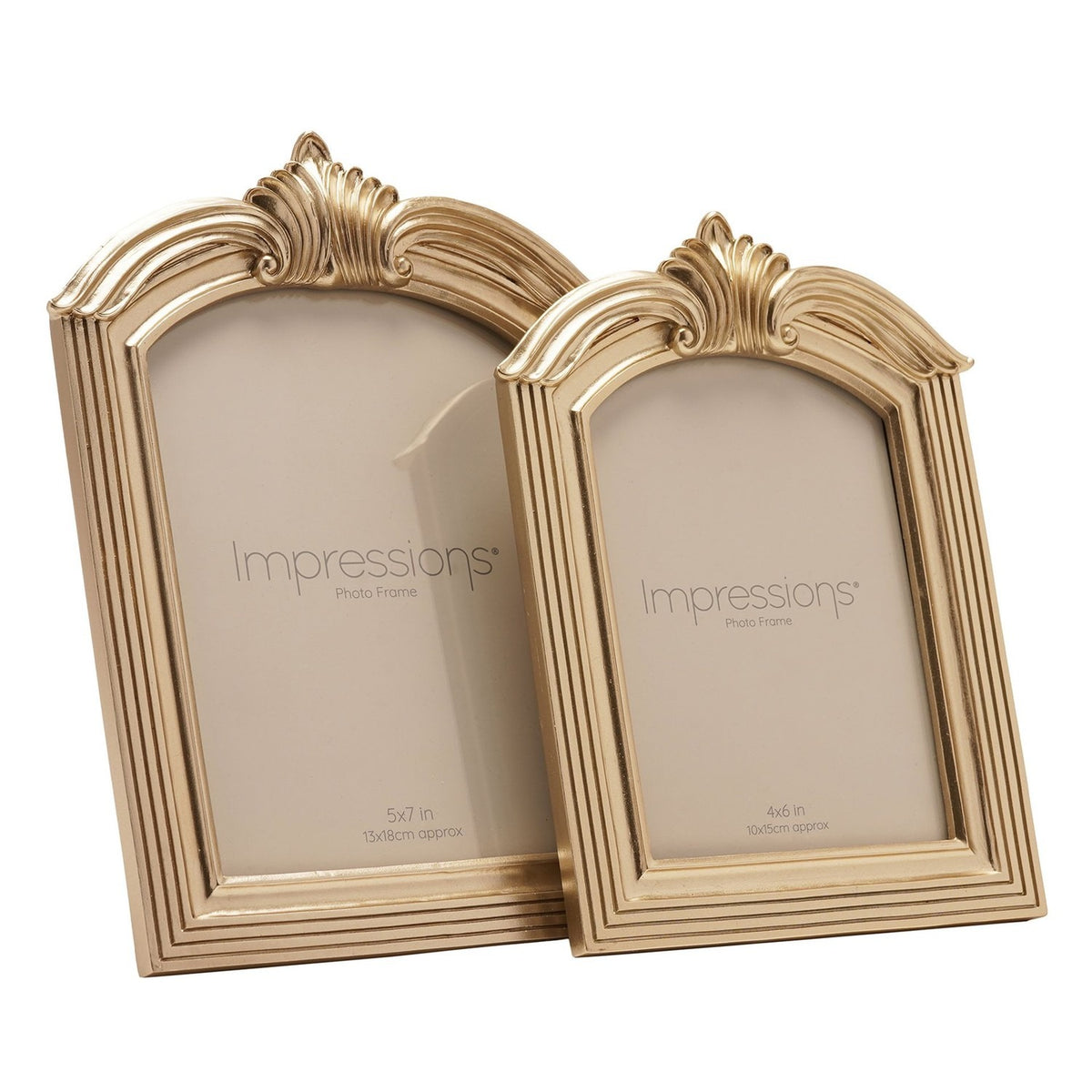 Two winged arch photo frames in champagne resin with ridged leaf crests and reeded side mouldings, 5x7in and 4x6in sizes, on a white background.