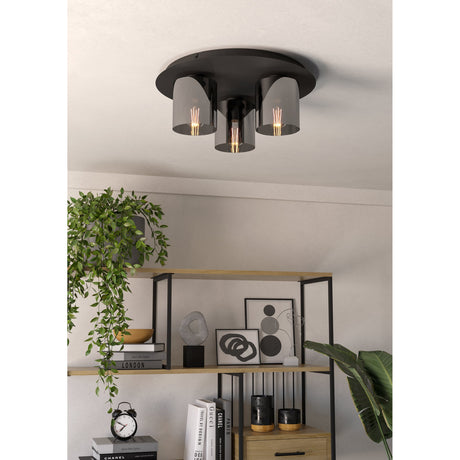 Fralvessa 3 Light Ceiling Light in black, with a round steel plate and three smoked glass cylindrical shades, shown flush-mounted above a shelving unit with books and plants.