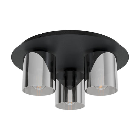 Fralvessa 3 Light Ceiling Light in black, round steel plate with three smoked glass cylindrical shades in a triangle layout, E27 fittings, shown on a plain white background.