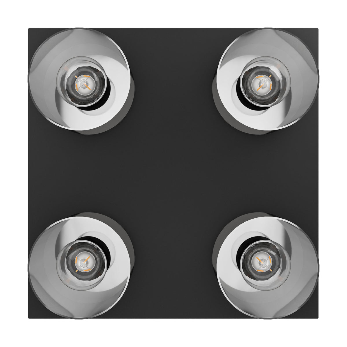 Fralvessa 4 Light Ceiling Light in black, top view showing a square steel plate with four recessed cylindrical smoky-glass shades, each housing an exposed bulb, on a plain background.