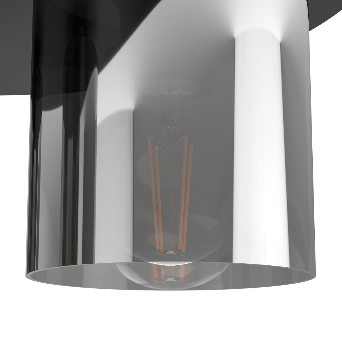 Close-up of the Fralvessa 4 Light Ceiling Light, showing a smoky black-tinted cylindrical glass shade on a black steel plate with visible E27 filament bulb inside.