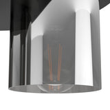 Close-up of the Fralvessa 4 Light Ceiling Light, showing a smoky black-tinted cylindrical glass shade on a black steel plate with visible E27 filament bulb inside.