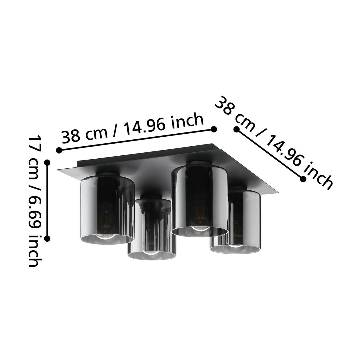 Fralvessa 4 Light Ceiling Light in black, a square steel plate fixture with four cylindrical smoky glass shades, shown with dimensions 38 x 38 x 17 cm on a white background.