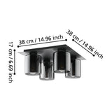 Fralvessa 4 Light Ceiling Light in black, a square steel plate fixture with four cylindrical smoky glass shades, shown with dimensions 38 x 38 x 17 cm on a white background.