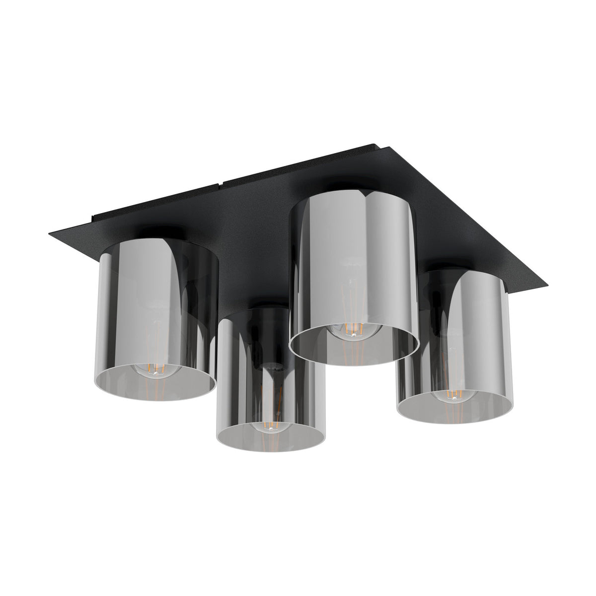 Fralvessa 4 Light Ceiling Light in black, square steel plate with four cylindrical smoky-tinted glass shades, each with a visible bulb, shown on a plain white background.