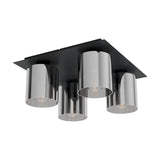 Fralvessa 4 Light Ceiling Light in black, square steel plate with four cylindrical smoky-tinted glass shades, each with a visible bulb, shown on a plain white background.