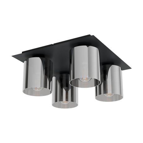 Fralvessa 4 Light Ceiling Light in black, square steel plate with four cylindrical smoky-tinted glass shades, each with a visible bulb, shown on a plain white background.