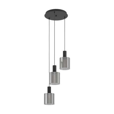 Fralvessa 3-light cluster pendant with smoked glass cylinder shades at staggered heights, black ceiling plate, cables and lampholders, on a plain white background.