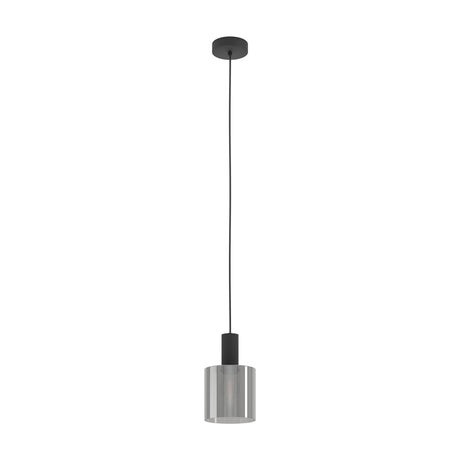 Fralvessa single-light pendant with black steel body, long black cord, and a smoked glass cylinder shade, shown on a plain white background.