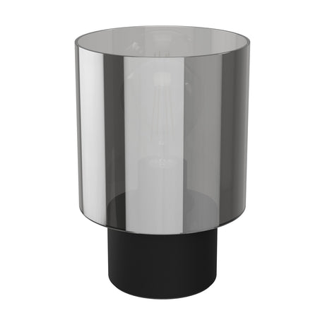 Fralvessa Table Lamp in black, featuring a tall cylindrical smoked glass shade with a mirrored finish over a black steel base, shown with visible bulb on a plain white background.