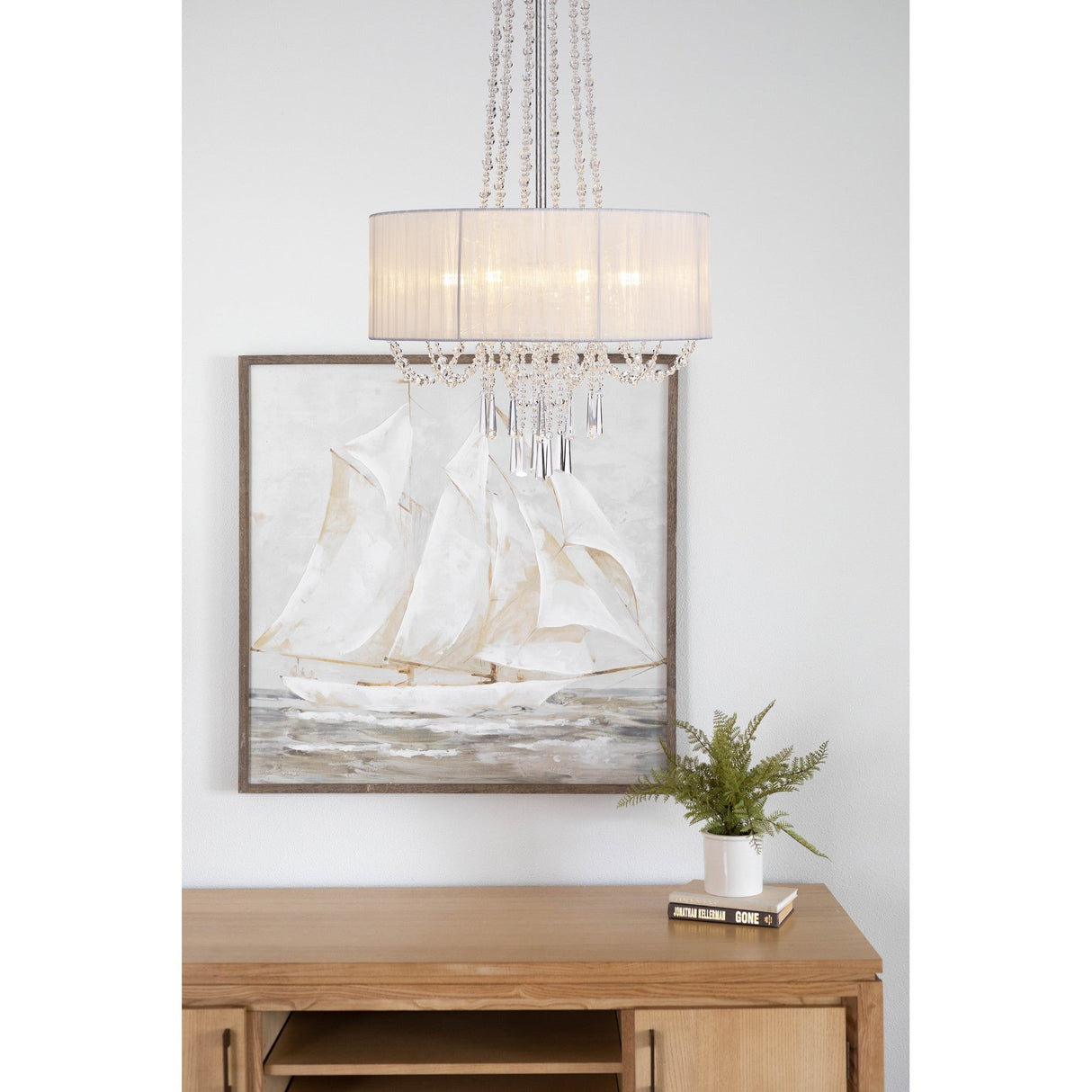 Freida 50cm 6 Light Crystal Chandelier - Chrome With White Shade