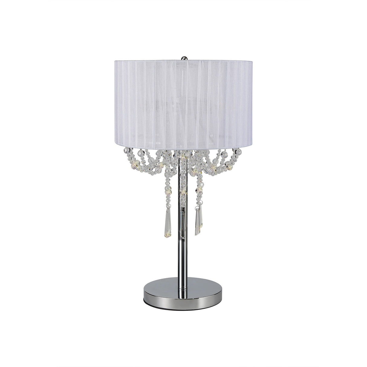 The Freida 3 Light Crystal Table Lamp features a polished chrome frame, cylindrical white shade, and hanging crystal accents for a modern touch.