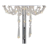 Close-up of the Freida 3 Light Crystal Table Lamp featuring clear crystal beads and pendants on a polished chrome frame with a white shade, creating an elegant and sparkling decorative effect.