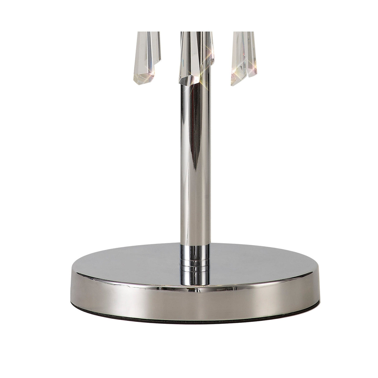 A close-up of the Freida 3 Light Crystal Table Lamp’s polished chrome base with dangling crystal accents, partially visible beneath a grey shade, set against a white background.