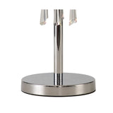 A close-up of the Freida 3 Light Crystal Table Lamp’s polished chrome base with dangling crystal accents, partially visible beneath a grey shade, set against a white background.