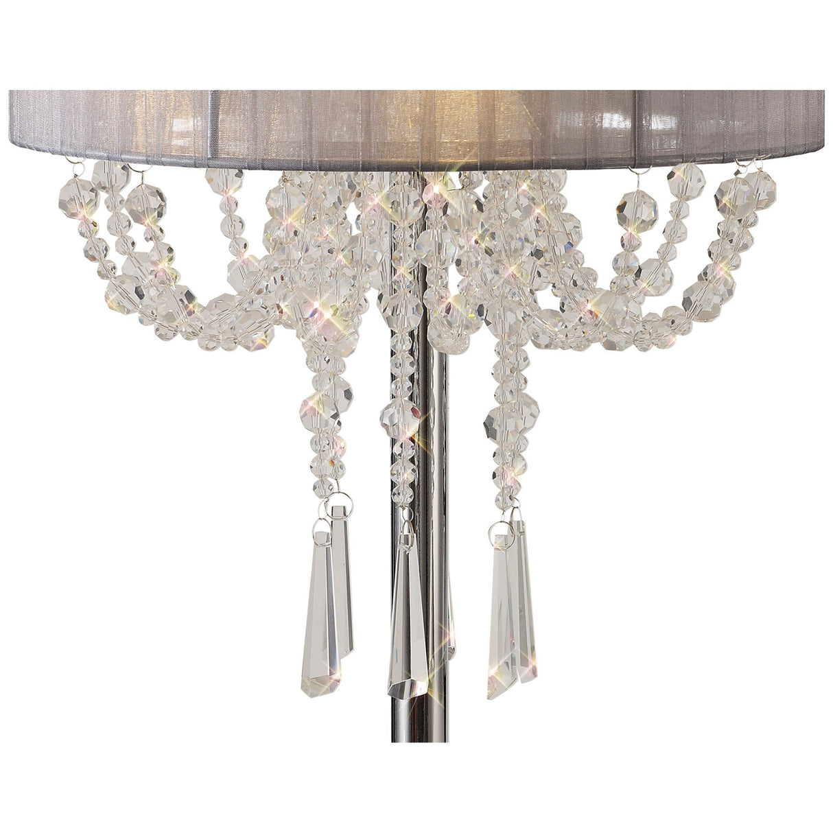 Close-up of the Freida 3 Light Crystal Table Lamp, featuring a polished chrome base, grey shade, and hanging crystal beads and prisms for an elegant chandelier effect.