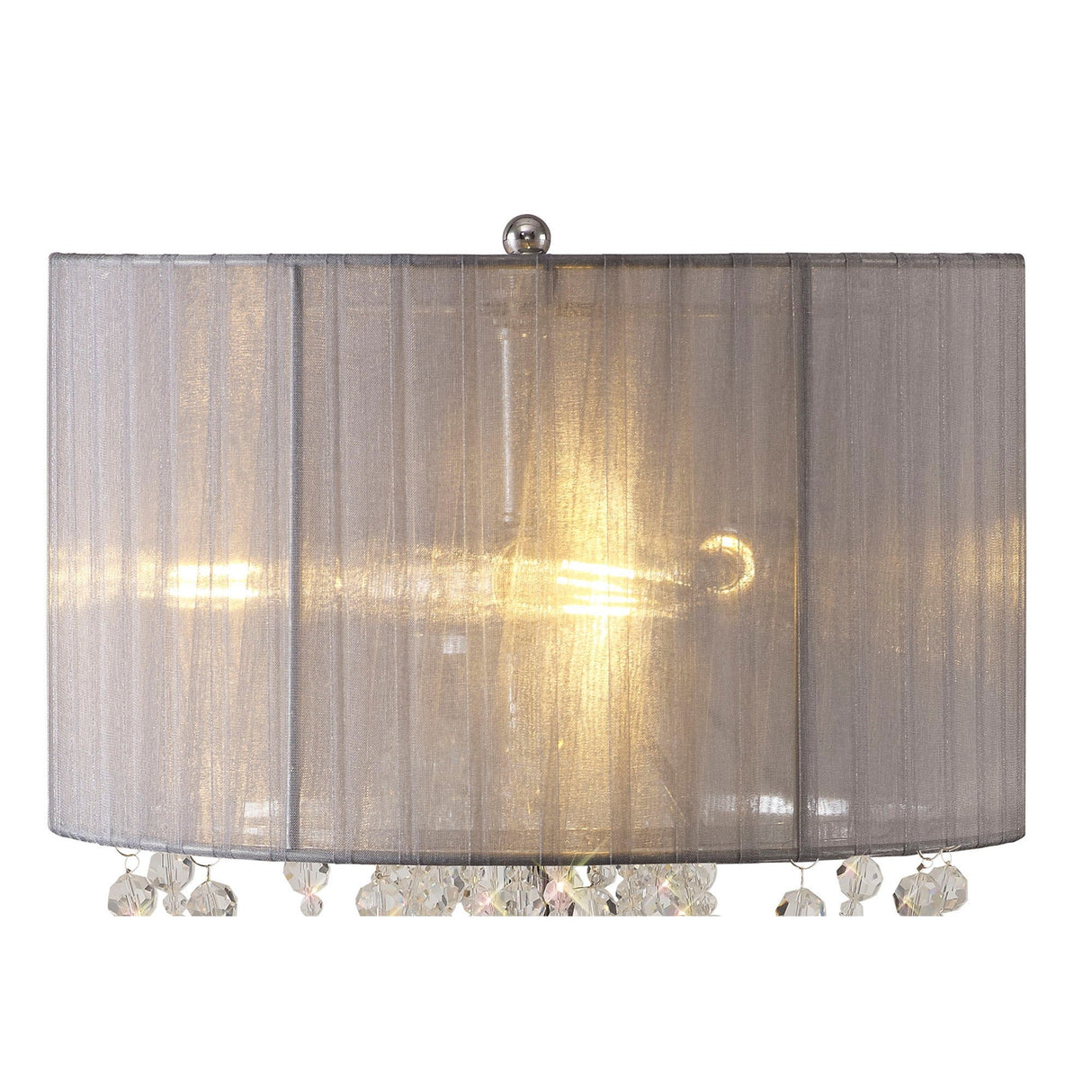 The Freida 3 Light Crystal Table Lamp features a grey organza shade with a warm glow, polished chrome details, and clear crystal pendants for an elegant, sophisticated accent to any room.